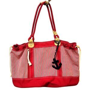 Red White Striped Cotton Beach Tote Sturdy Handles Polyester Lining 16x11x7"